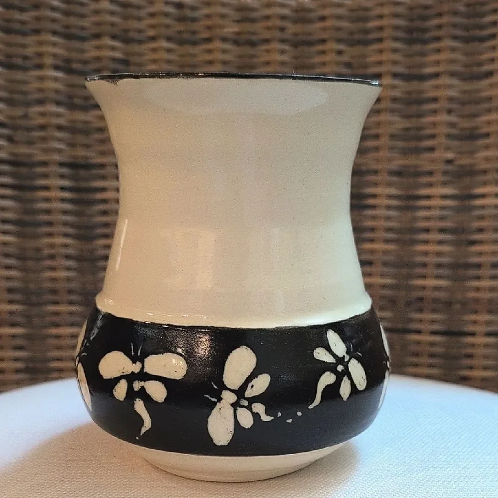 JH Pottery Handcrafted Black and Ivory Dragonfly Vase